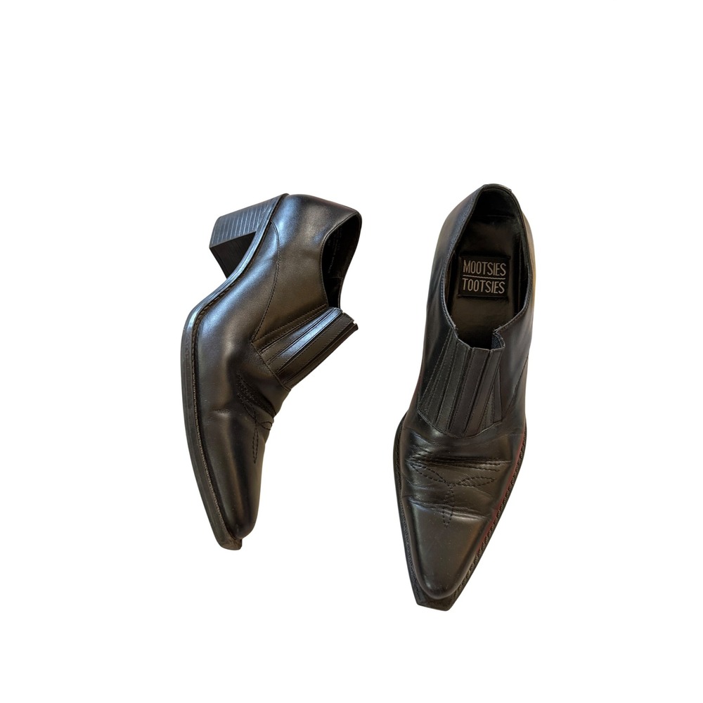 Vintage Black Leather Western Pointed Toe Block Heel Shooties Size 9